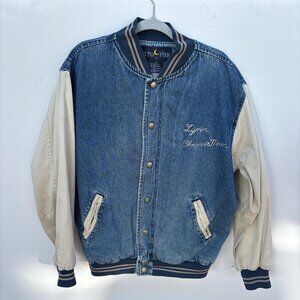 Vintage Denim Bomber Jacket Womens M Embroidered Varsity Western